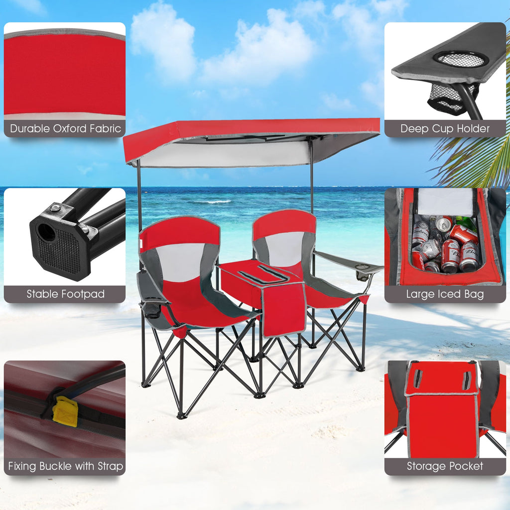 Portable Folding Camping Chair with Canopy & Cup Holder - Red