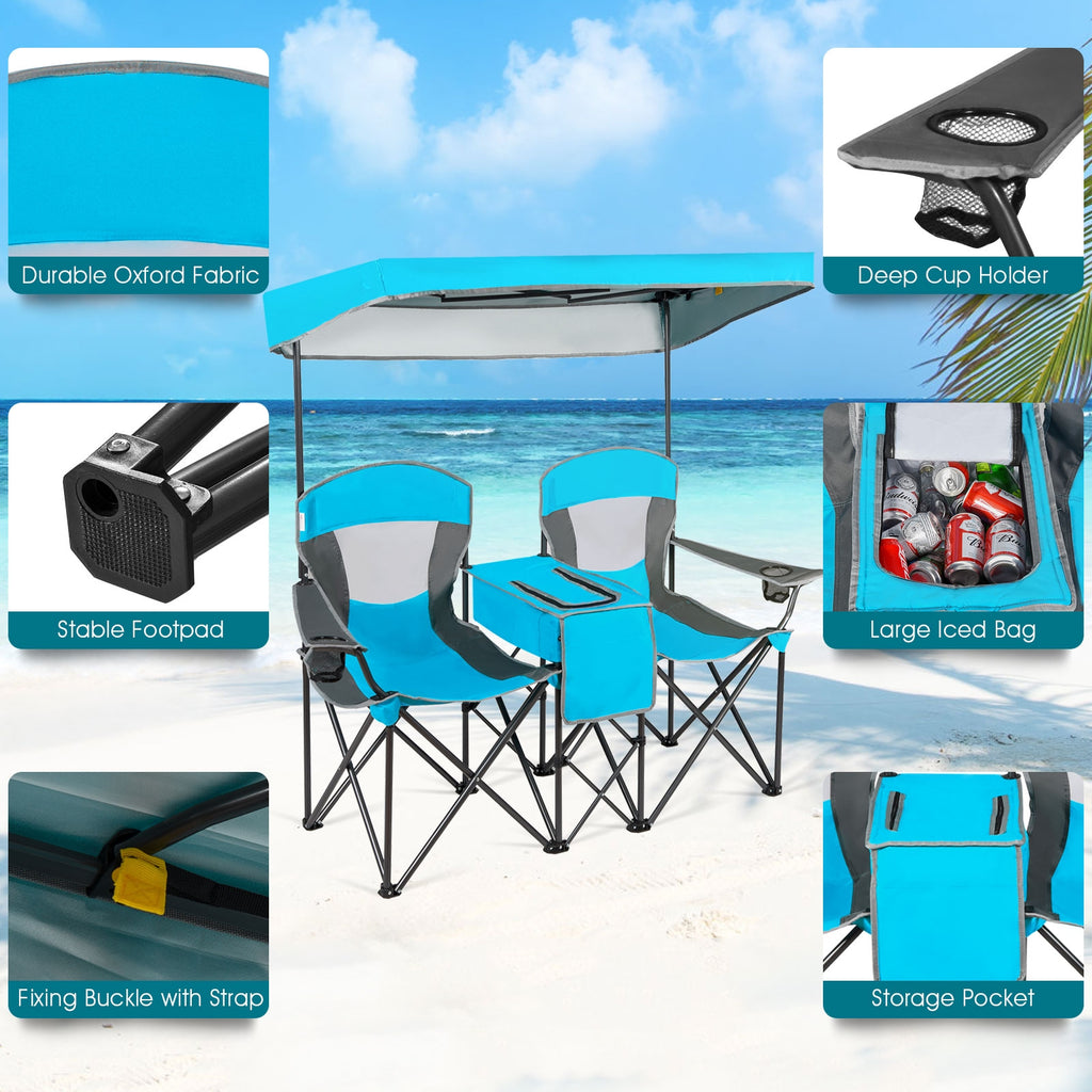 Folding Camping Chair with Canopy and Cup Holder - Blue