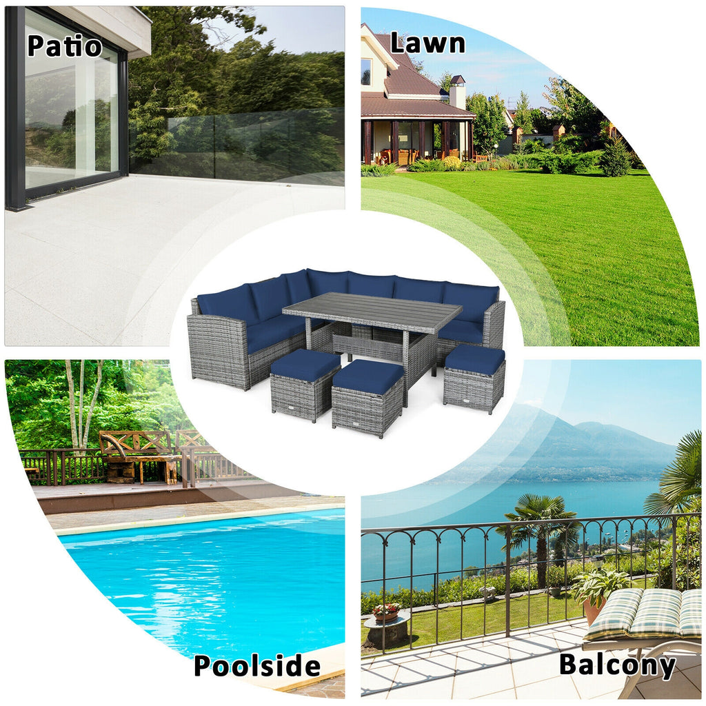 7-Piece Outdoor Wicker Sectional Sofa Set with Dining Table - Navy
