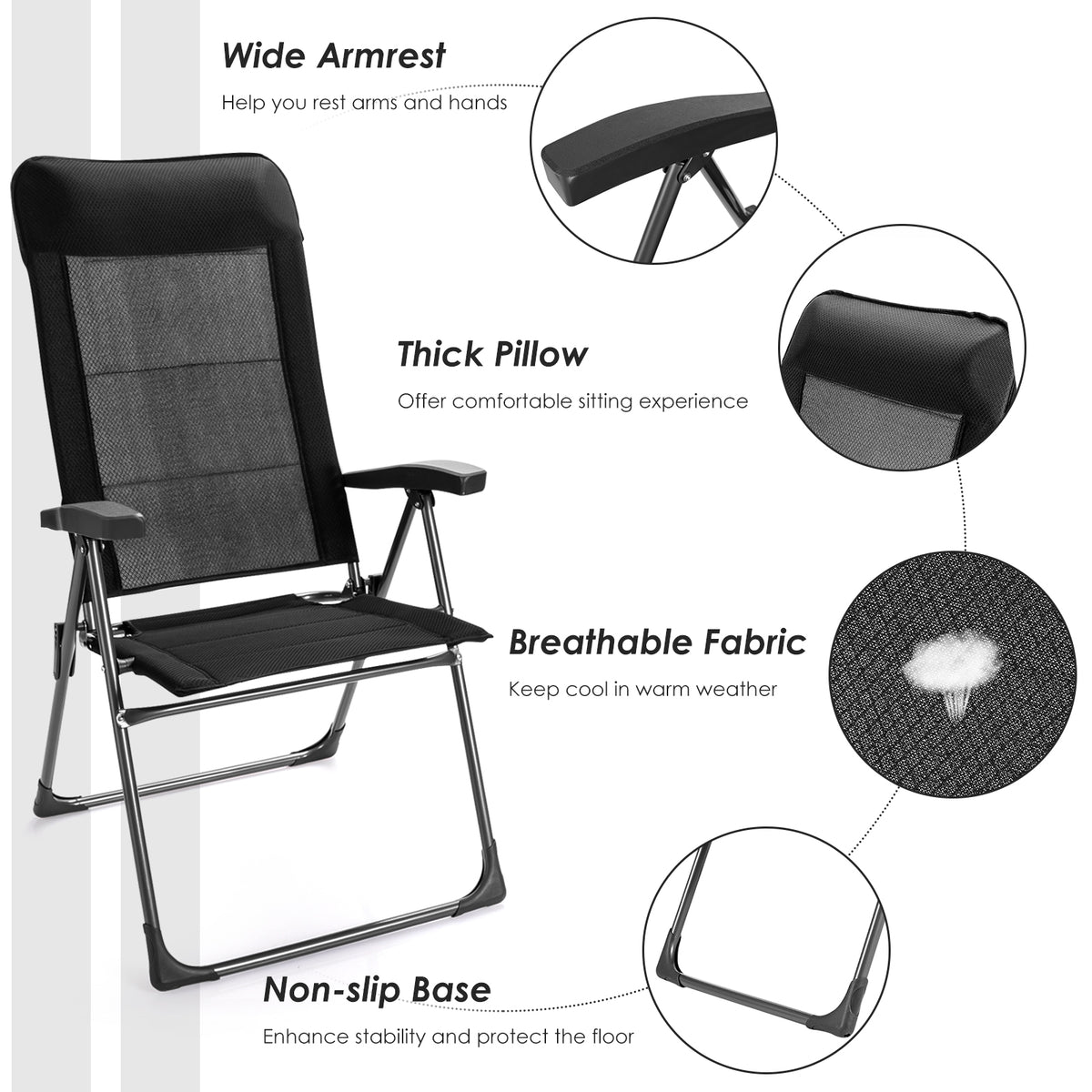 2 Pieces Portable Patio Folding Dining Chairs with Headrests Adjust
