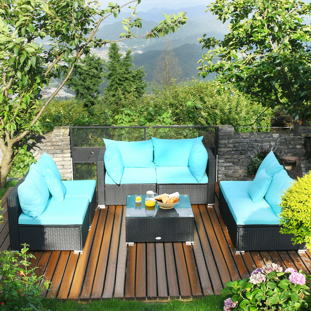 7 Pieces Sectional Wicker Sofa Set with Coffee Table - Black Rattan, Blue