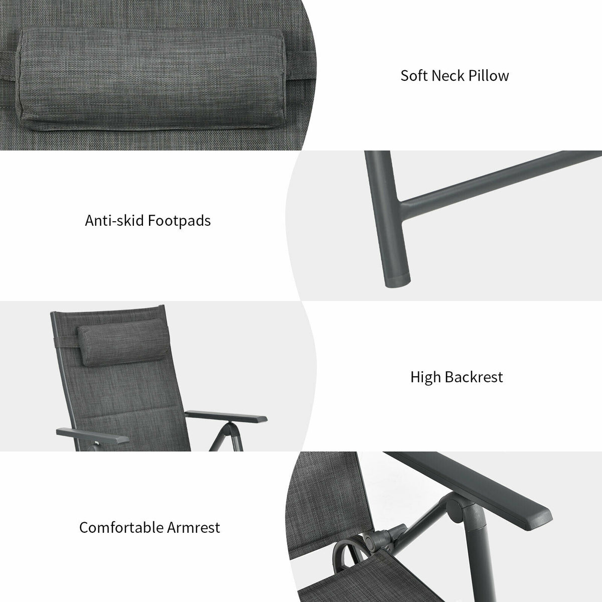 Patio Reclining Chaise Lounge with Adjustable Pillow - Gray