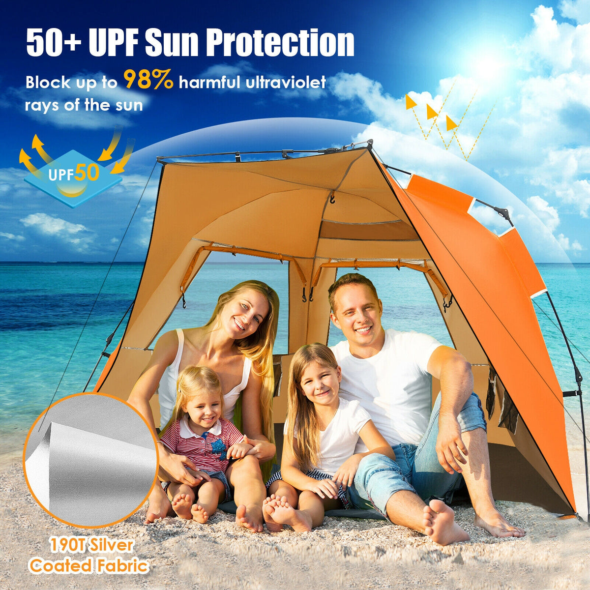 Pop-Up Beach Tent 3-4 Person UPF 50+ Sun Shelter – Orange