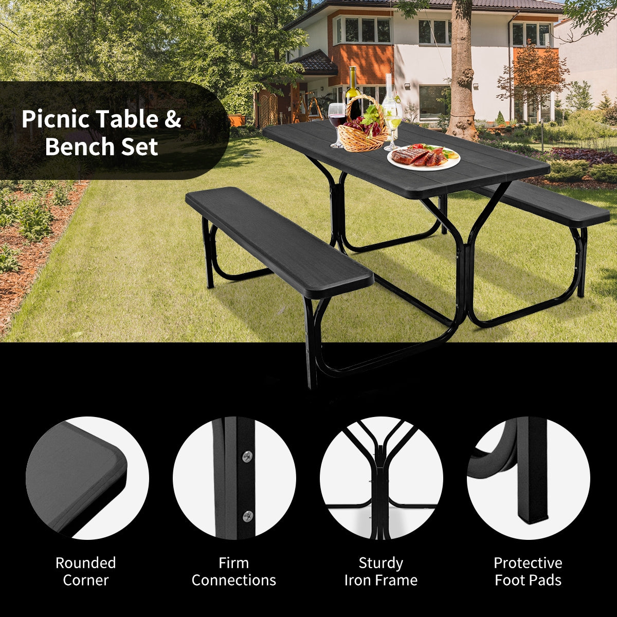 4.5 FT Outdoor Picnic Table Bench Set with HDPE Tabletop for 4-Person