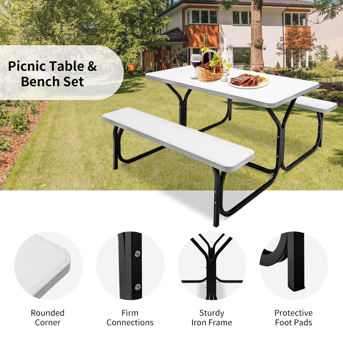 4.5 FT Outdoor Picnic Table Bench Set - White 28.5" x 54"