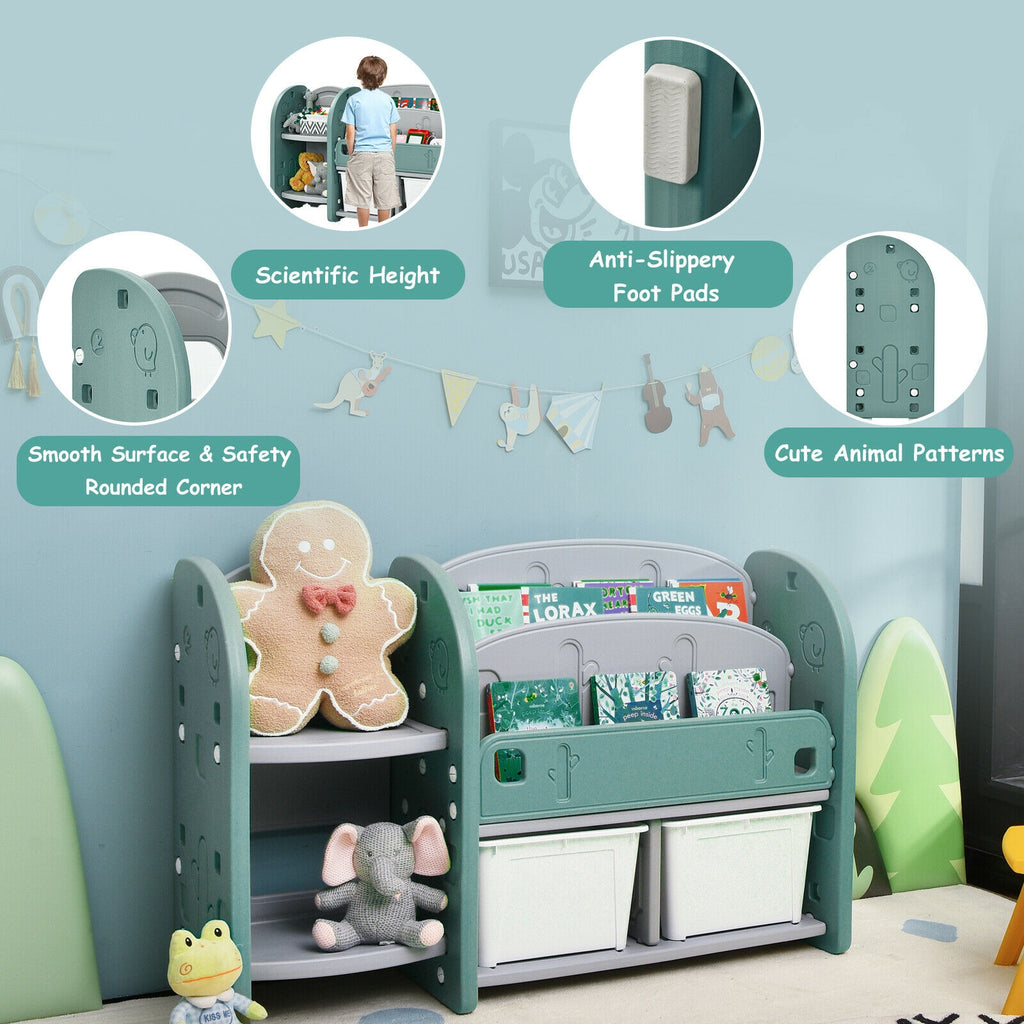 Kids Toy Storage Organizer with 2-Tier Bookshelf and Plastic Bins - Safe, Durable & Kid-Friendly