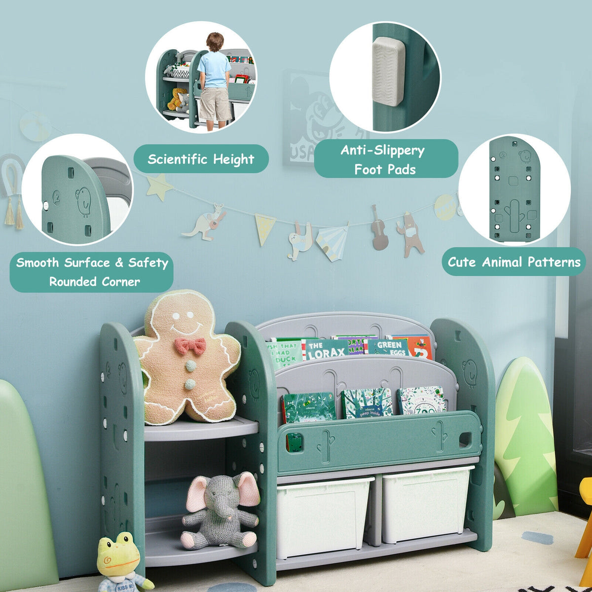 Kids Toy Storage Organizer with 2-Tier Bookshelf and Plastic Bins - Safe, Durable & Kid-Friendly