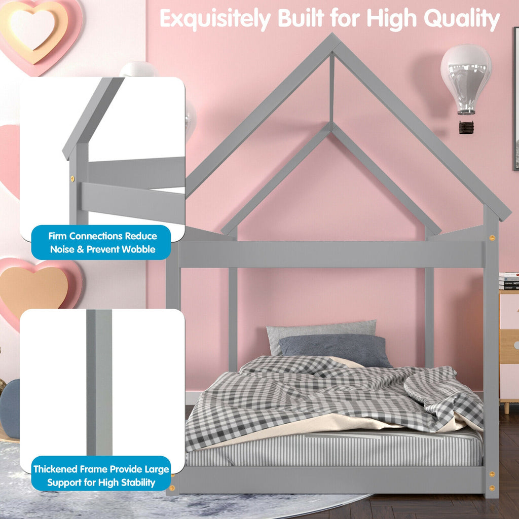 Twin Size Kids House Bed Frame, Wood, Gray