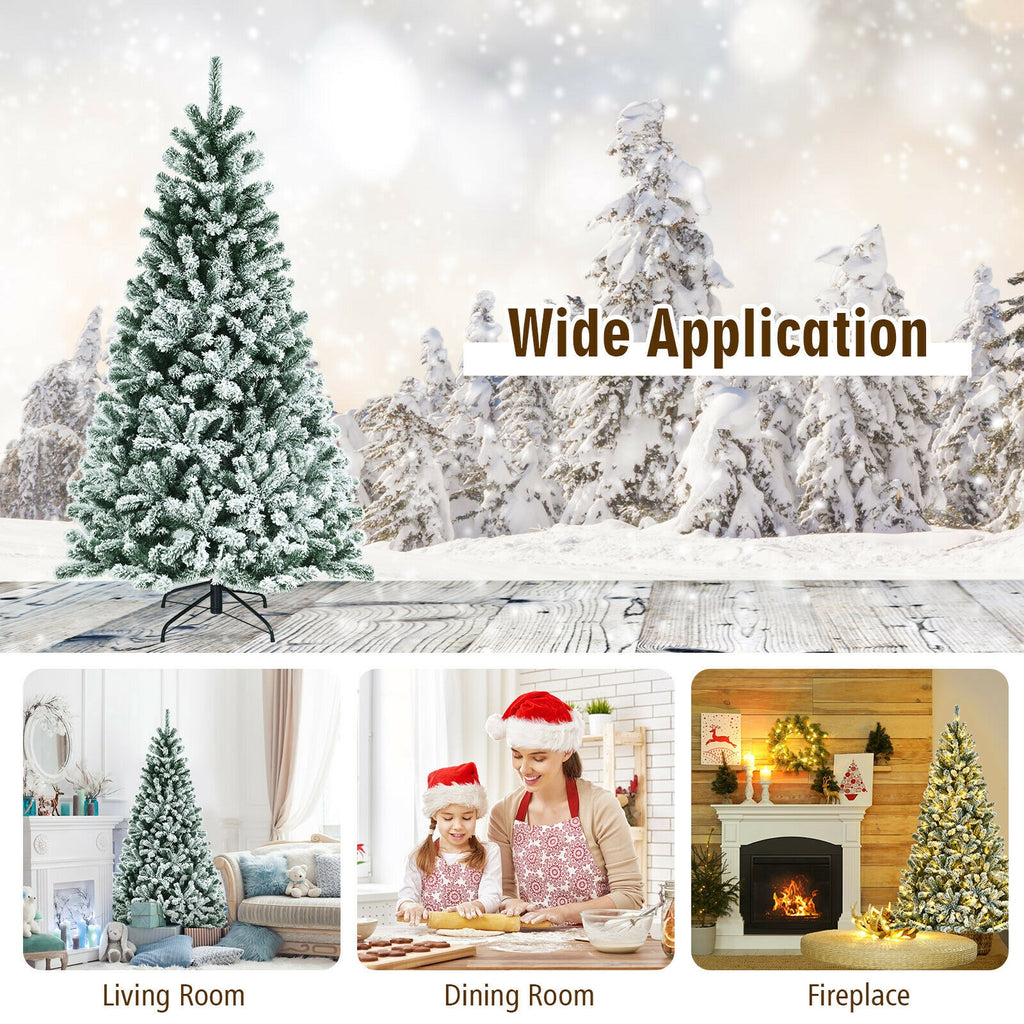 6 Ft Pre-lit Snow Flocked Christmas Tree with Metal Stand - Hinged Design