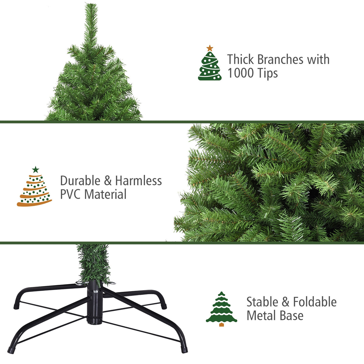 6 Ft Artificial Christmas Tree with Hinged PVC & Metal Stand - Costway
