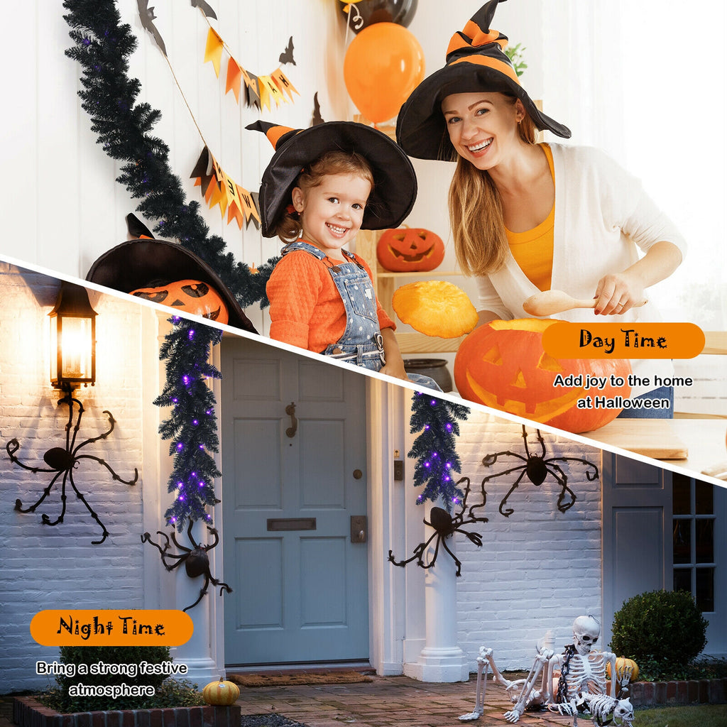 9 Feet Pre-lit Halloween Christmas Garland with Purple LED Lights - Black Theme, Waterproof, Timer, Costway