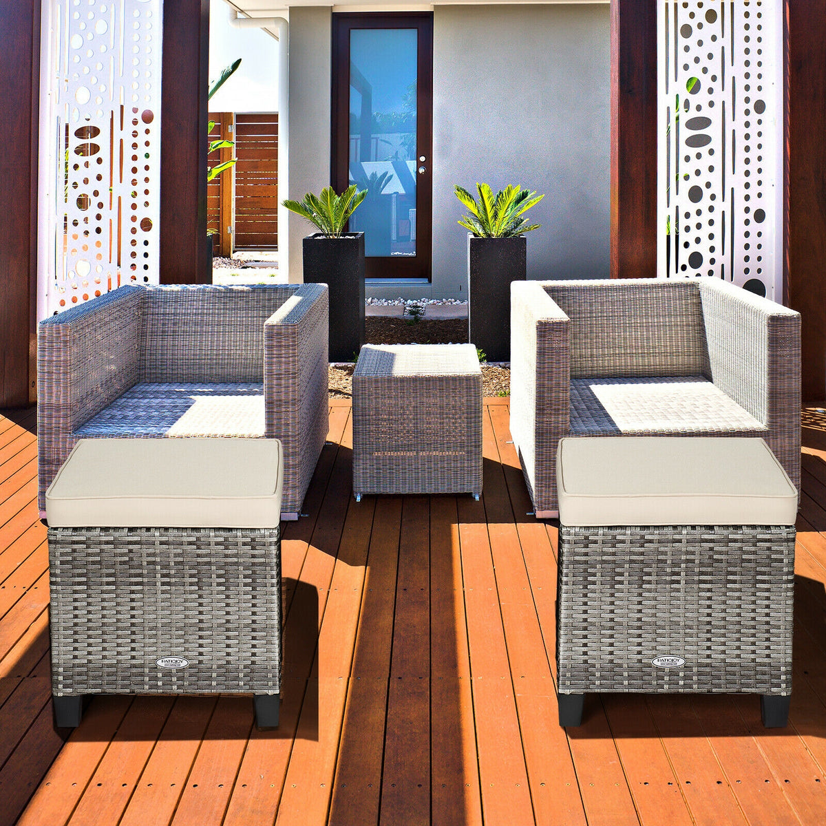 2 Pieces Patio Rattan Ottoman Seat with Removable Cushions