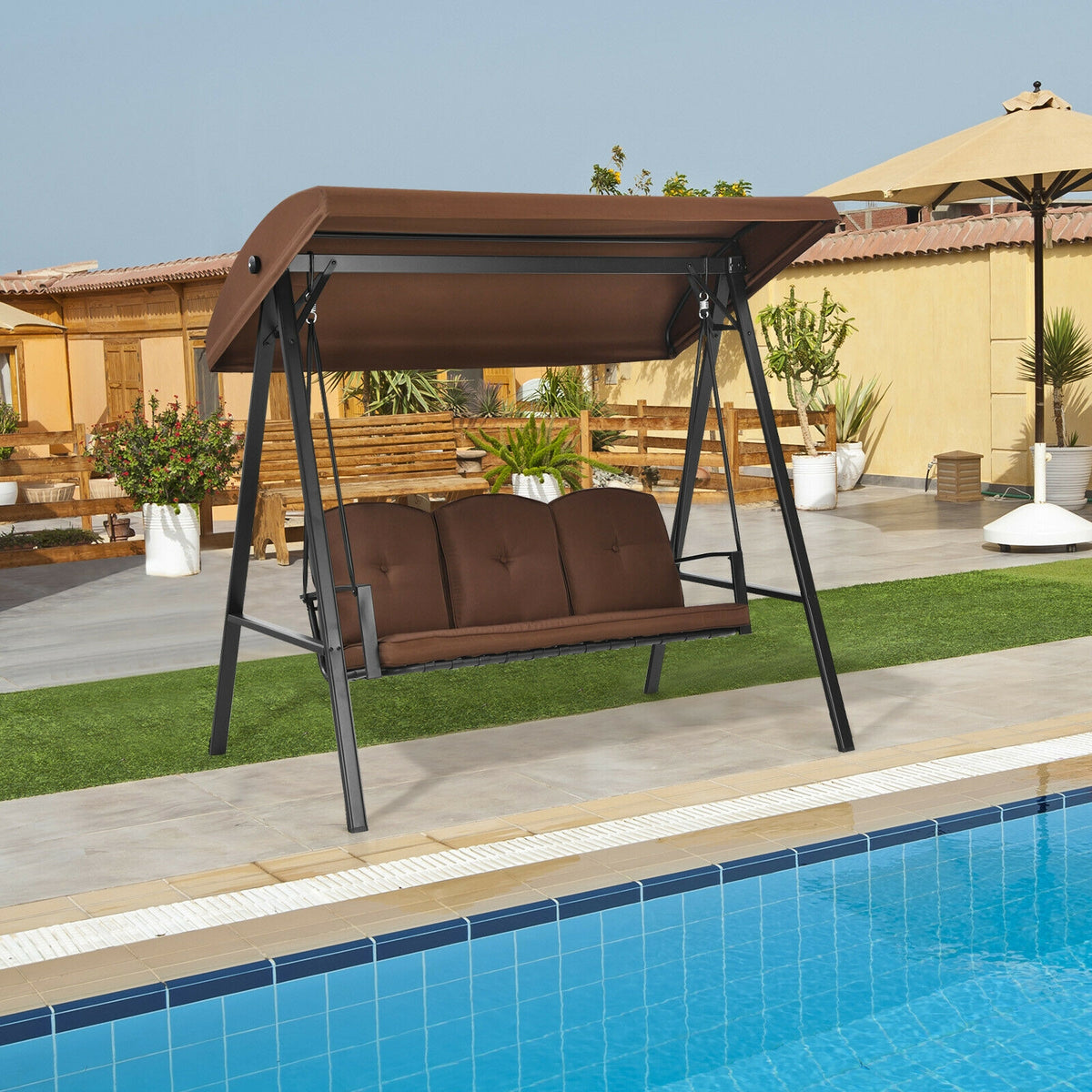 Outdoor 3-Seat Porch Swing with Adjust Canopy and Cushions