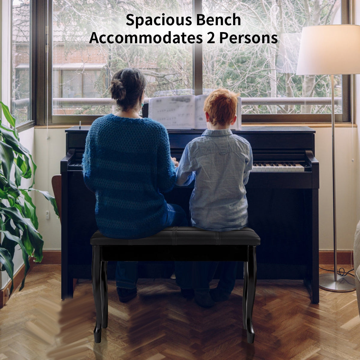 Piano Bench with Storage - Solid Wood, Black Bent Legs