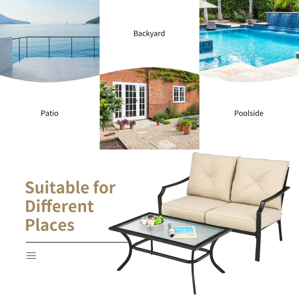 2 Pieces Patio Outdoor Cushioned Sofa Bench with Coffee Table