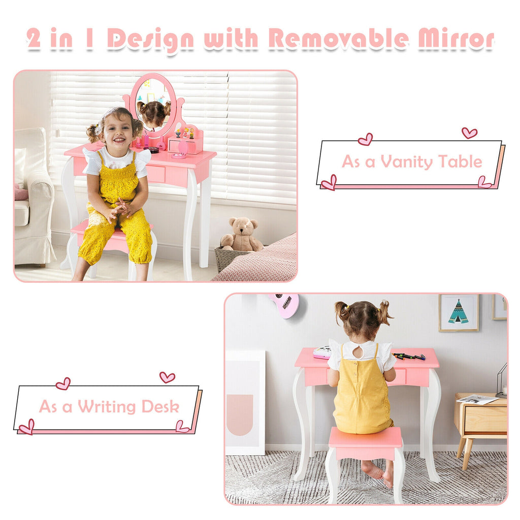 Kids Princess Makeup Dressing Vanity Set with Mirror and Drawer - Pink