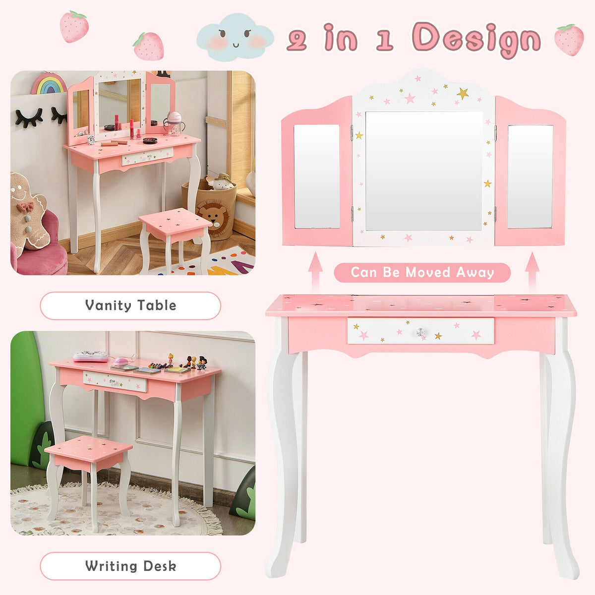 Kids Princess Vanity Table and Stool Set with Tri-Fold Mirror - Pink - Kids Bedroom Furniture