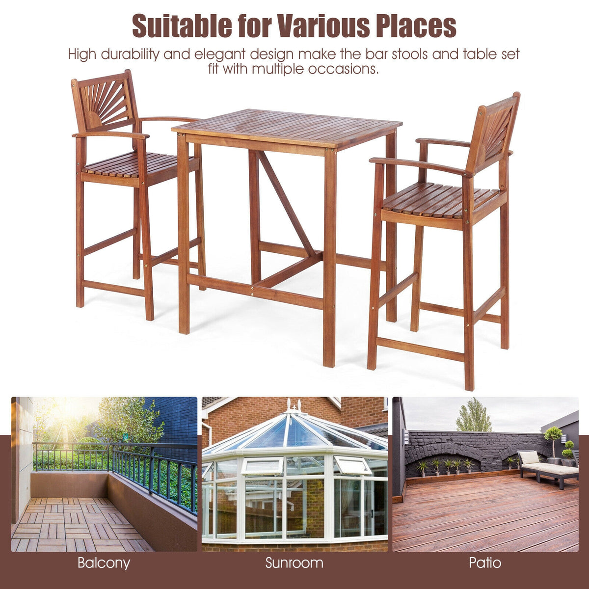 3 Piece Acacia Wood Patio Bar Set - Sunflower Backrest