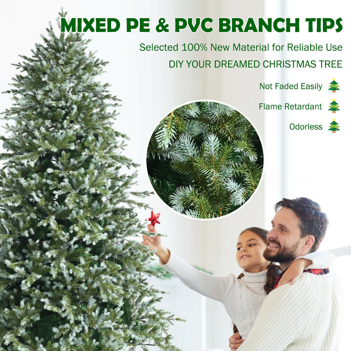 8Ft Hinged Artificial Christmas Tree with Dense PE PVC Tips & Metal Base