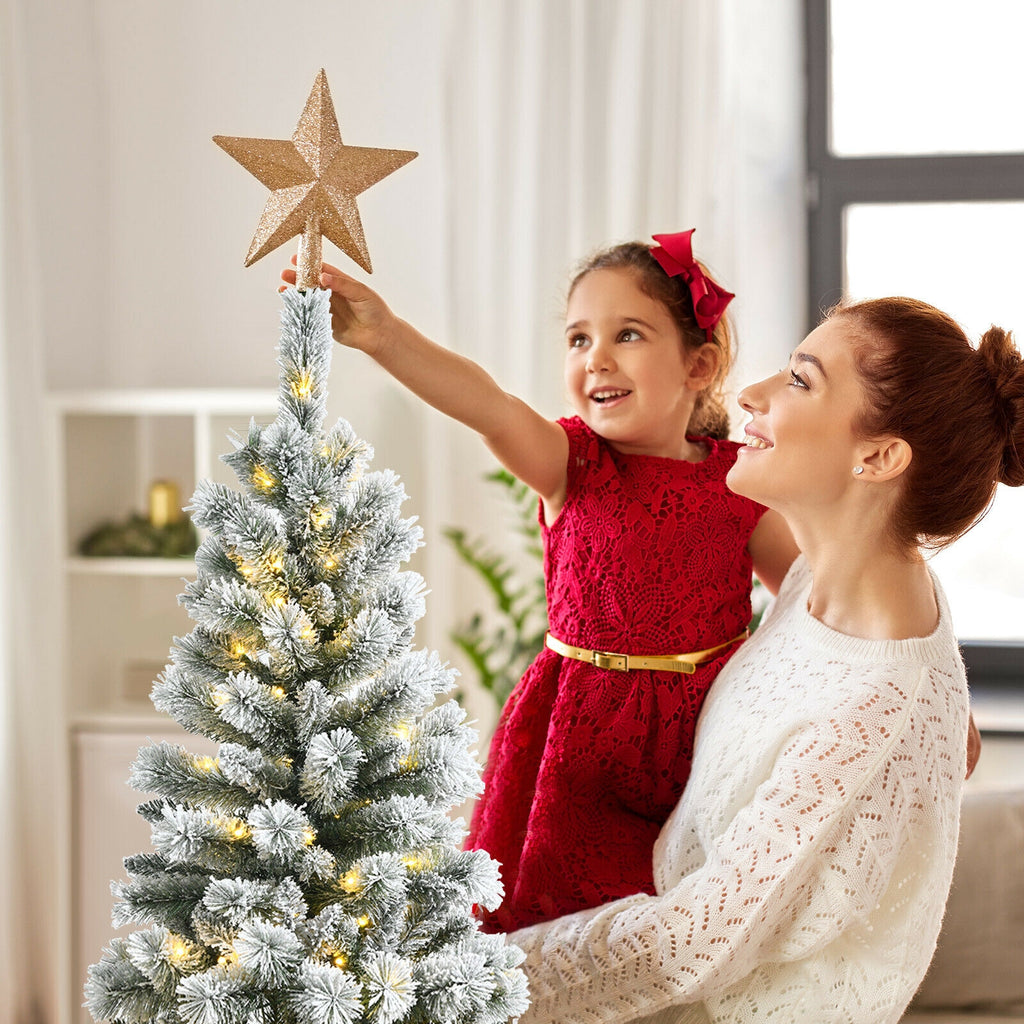 5/6/7.5/8 Feet Pre-lit Snow Flocked Christmas Tree with 9 Lighting Modes - Foldable & Sturdy Stand