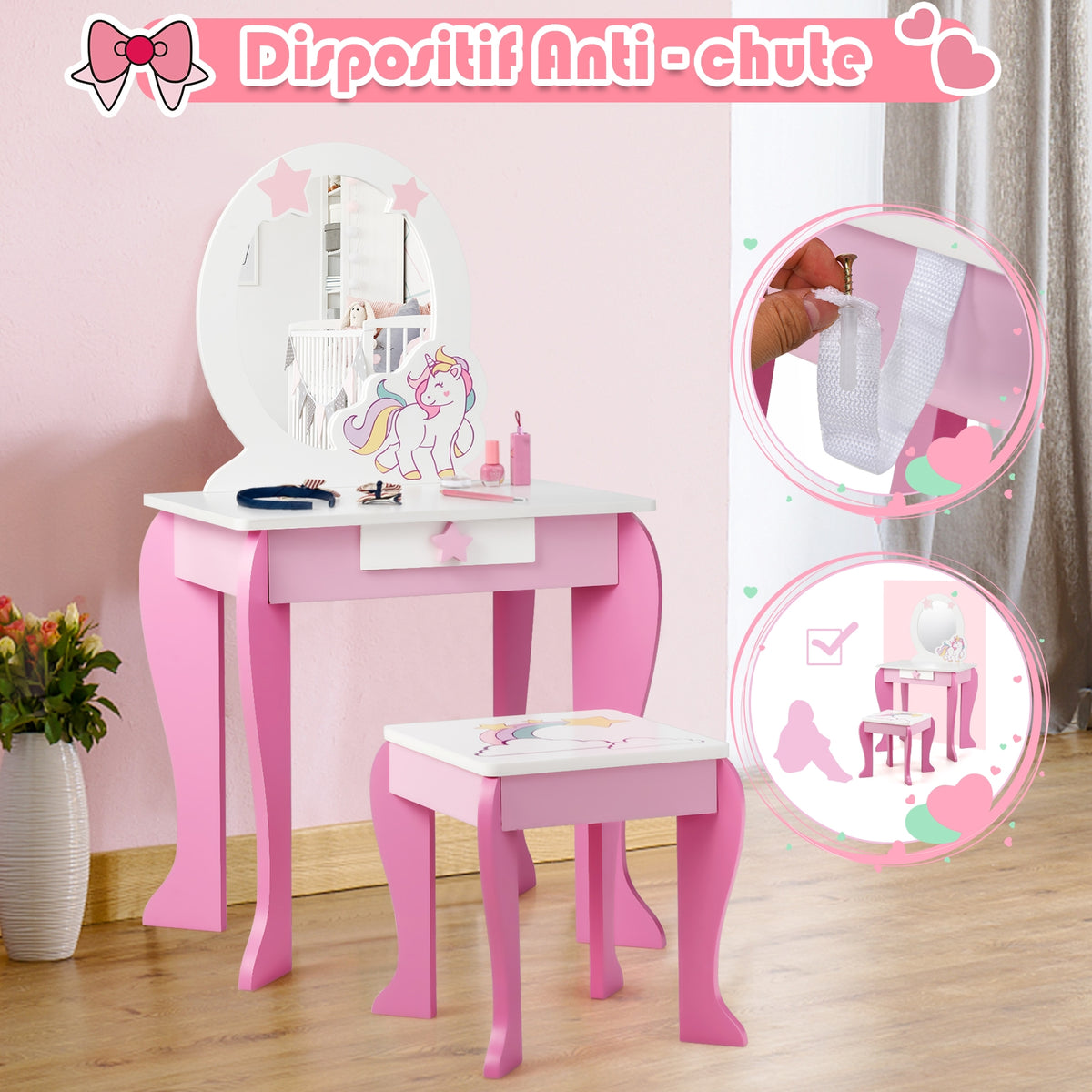 Kids Vanity Set Makeup Dressing Table and Chair with Mirror & Drawer - Pink