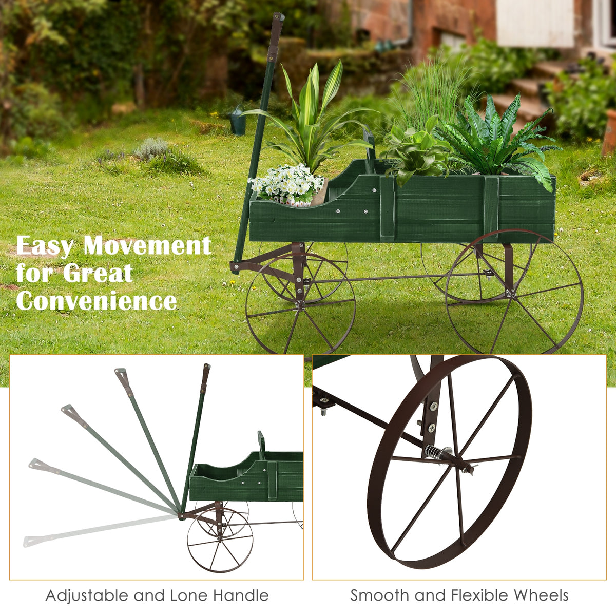 Wooden Garden Wagon Planter Bed with Metal Wheels - Green
