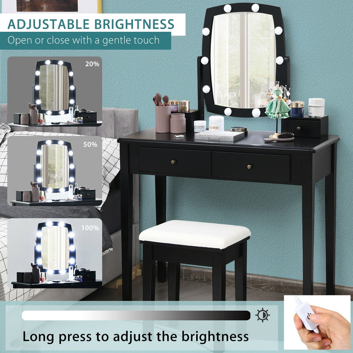 Vanity Table Set with Lighted Mirror, Black