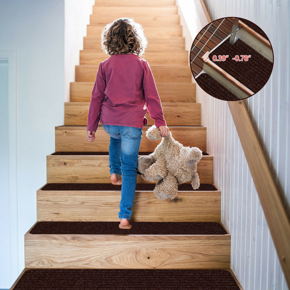 Brown Non-Slip Stair Treads Carpet Set - 15 Pieces, 30 x 8 Inch, Reusable & Waterproof