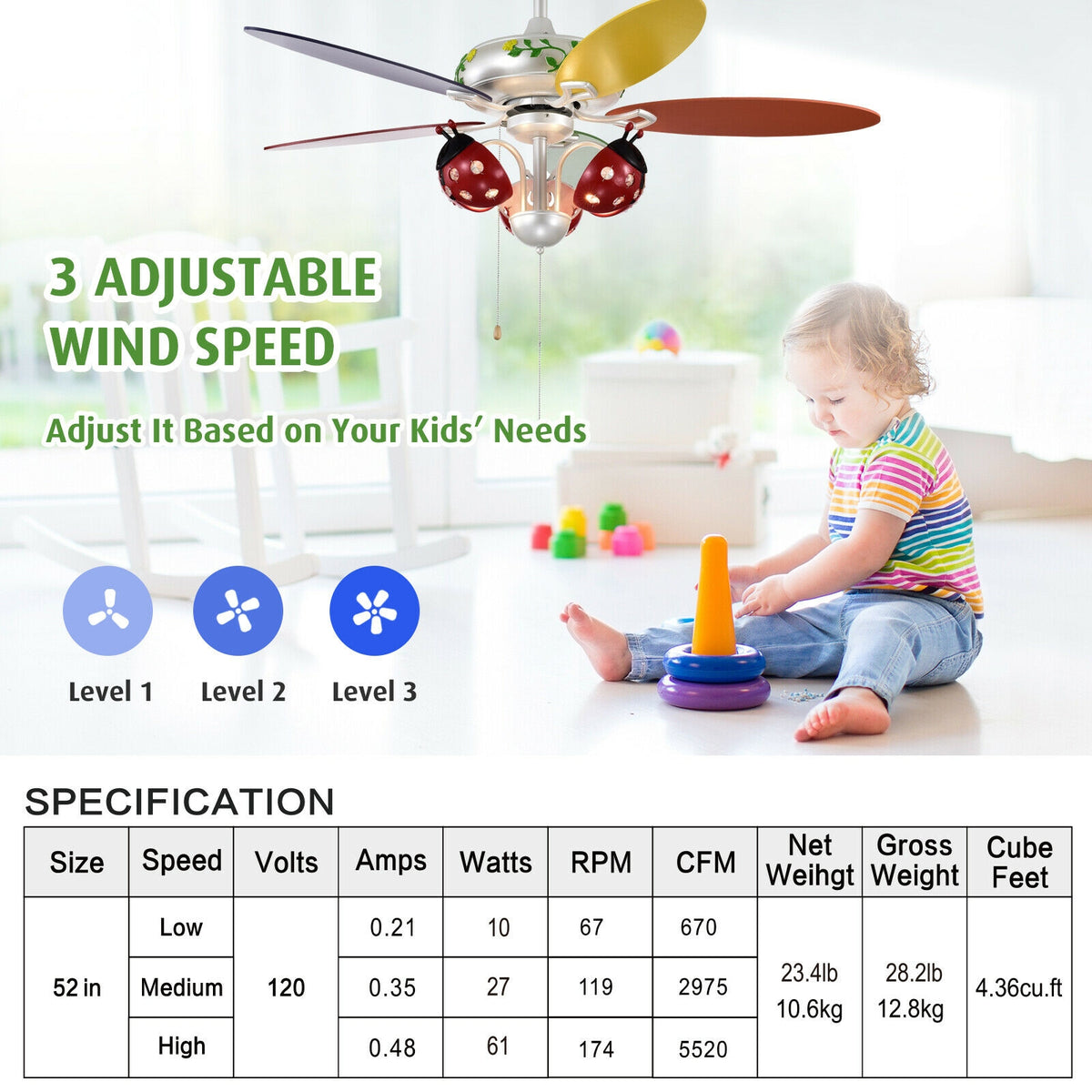 Kids Ceiling Fan with Be Beetle Lampshade, Colorful Blades & Reversible Motor