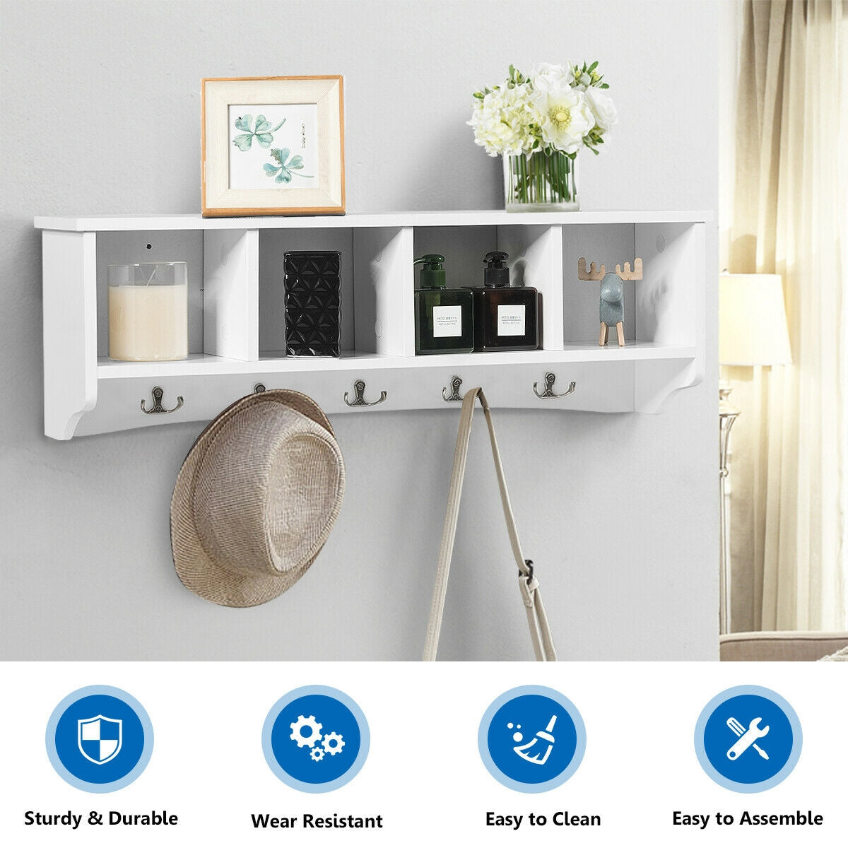 Wall Mounted Storage Cabinet with Coat Rack - White