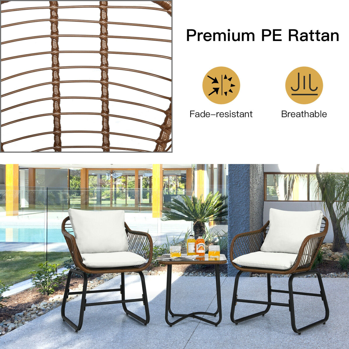 Patio Bistro Set with Cushions and Glass Table, White