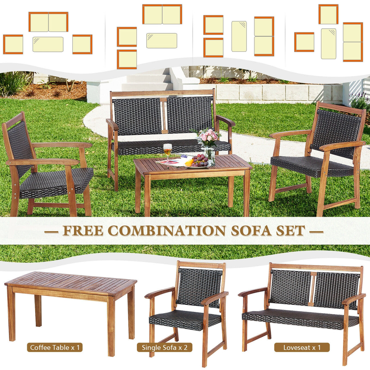 4 Pieces Outdoor Patio Rattan Furniture Sofa Set with Acacia Wood