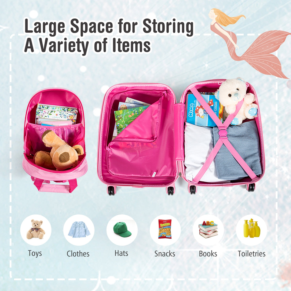 Kids Travel Luggage Set with Backpack and Suitcase - Mermaid Pattern, 12/18 Inch