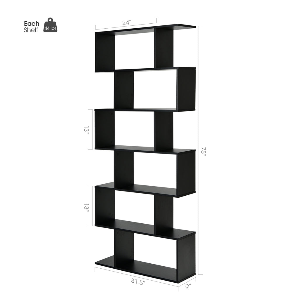 6-Tier S-Shaped Bookshelf - Black