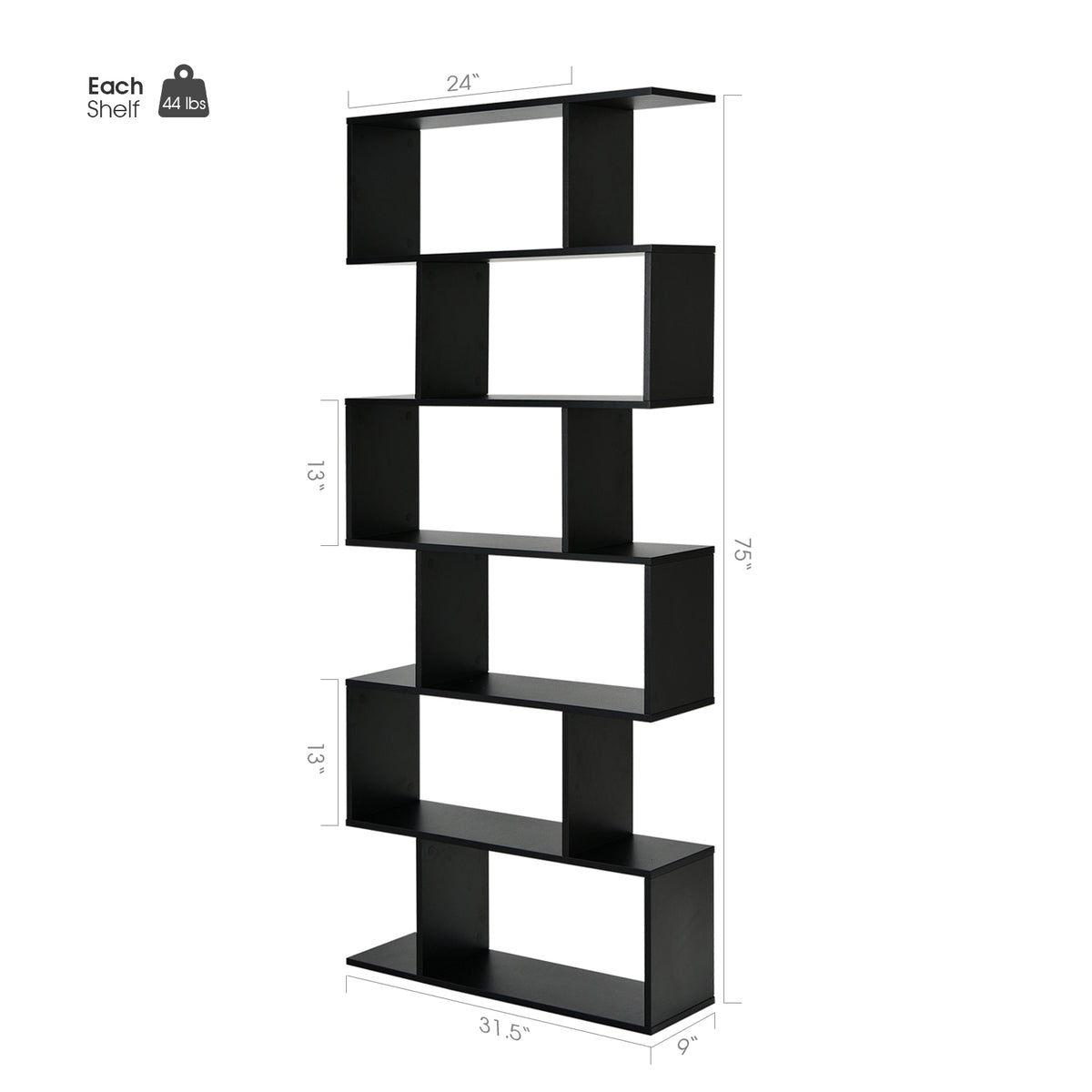 6-Tier S-Shaped Bookshelf - Black