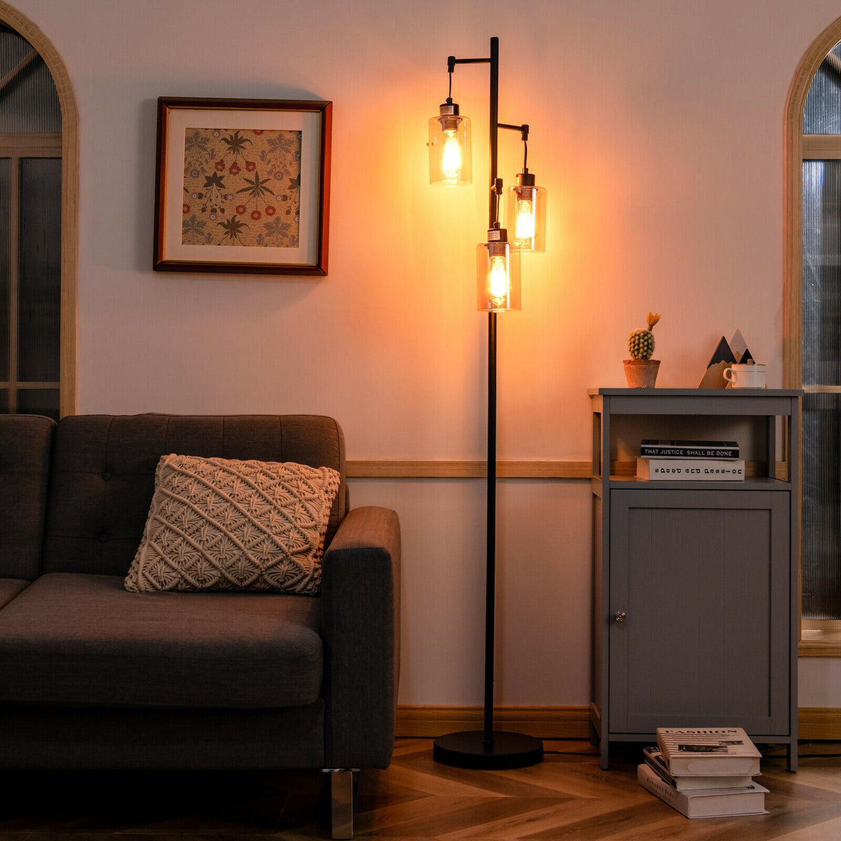 Retro Floor Lamp with 3-Head Hanging Amber Glass Shade - Stable Iron Base, Foot Switch