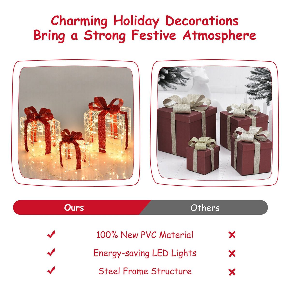 Set of 3 Christmas Lighted Gift Boxes Decorations with 60 LED Lights - Indoor & Outdoor