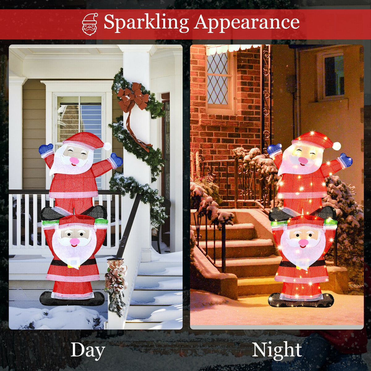 Metal Frame Double Santa LED Yard Decoration with String Lights & Stakes - Christmas Outdoor Decor