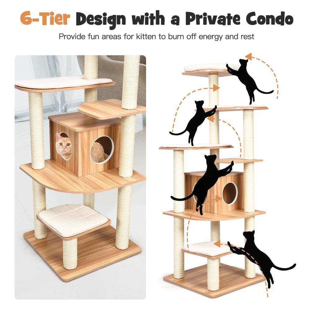7-Layer Wooden Cat Tree Tower with Sisal Posts & Condo - Natural Finish