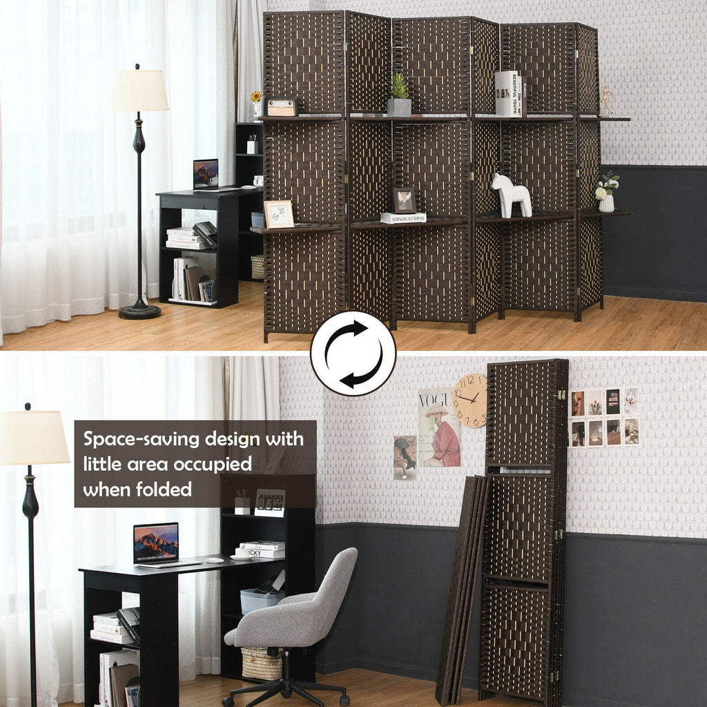 Brown 6-Panel Folding Fiber Room Divider with 2 Display Shelves - Natural Home Decor