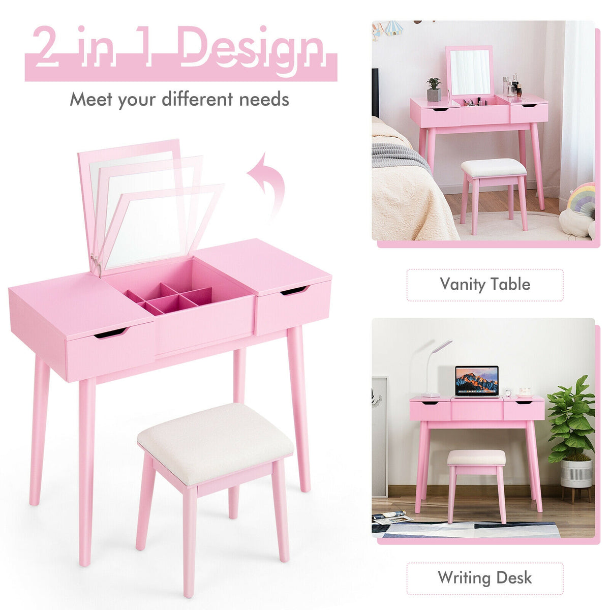 Makeup Vanity Table with Flip Top Mirror & 2 Drawers, Pink