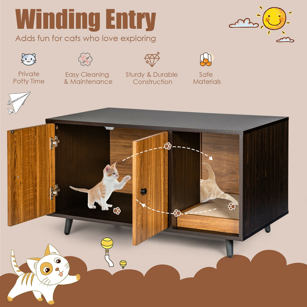 Cat Litter Box Enclosure with Divider and Double Doors - Brown, Costway
