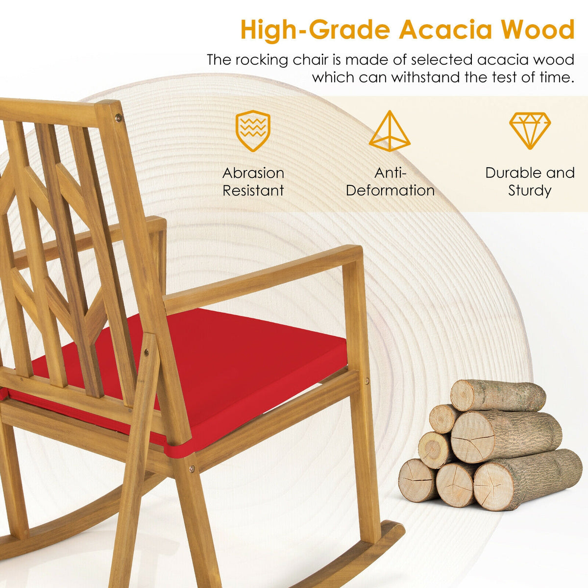 Patio Acacia Wood Rocking Chair Sofa with Armrest and Cushion for
