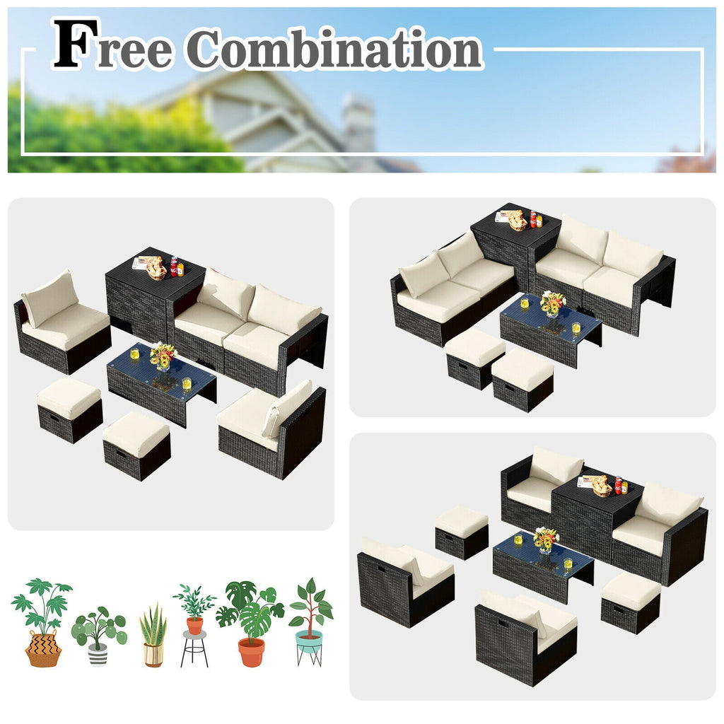 8-Piece Patio Furniture Set with Storage Box & Cover – Black Rattan, Off White