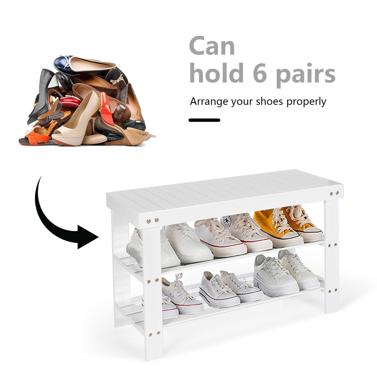 3-Tier Bamboo Shoe Rack Bench, White