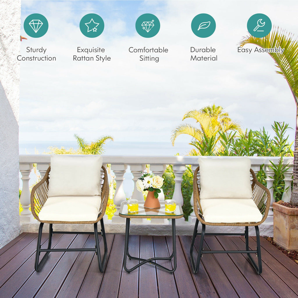 3-Piece Patio Bistro Set with 2 Rattan Chairs and Square Glass Coffee