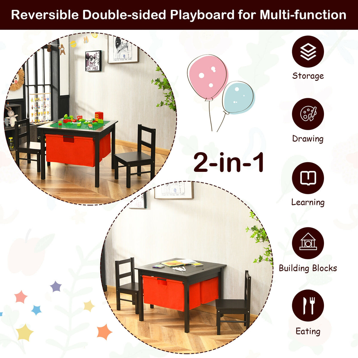 Kids Activity Table and 2 Chairs Set with Storage - Dark Brown