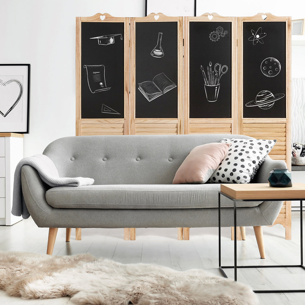 Foldable 4-Panel Room Divider with Chalkboards - Rustic Wood Partition Screen