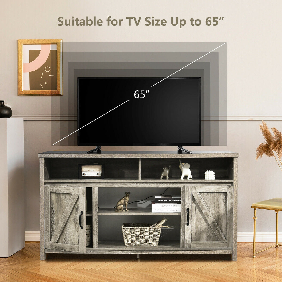 59 Inch TV Stand with Barn Door & Fireplace - For 65" TV, Natural