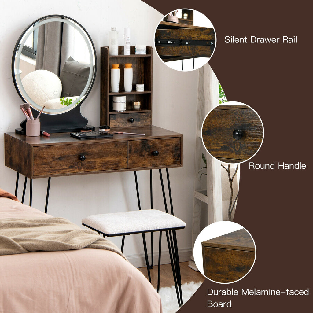 Vanity Table Set with Lighted Mirror and Cushion Stool - Brown